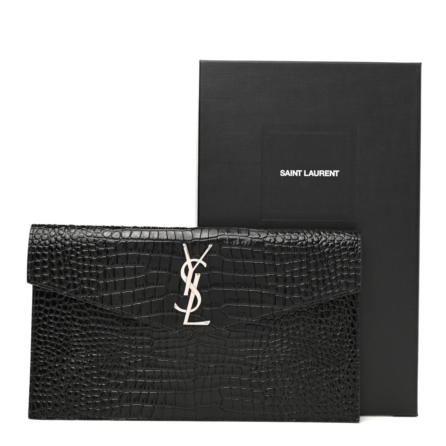 Calfskin Crocodile Embossed Uptown Monogram Pouch Black