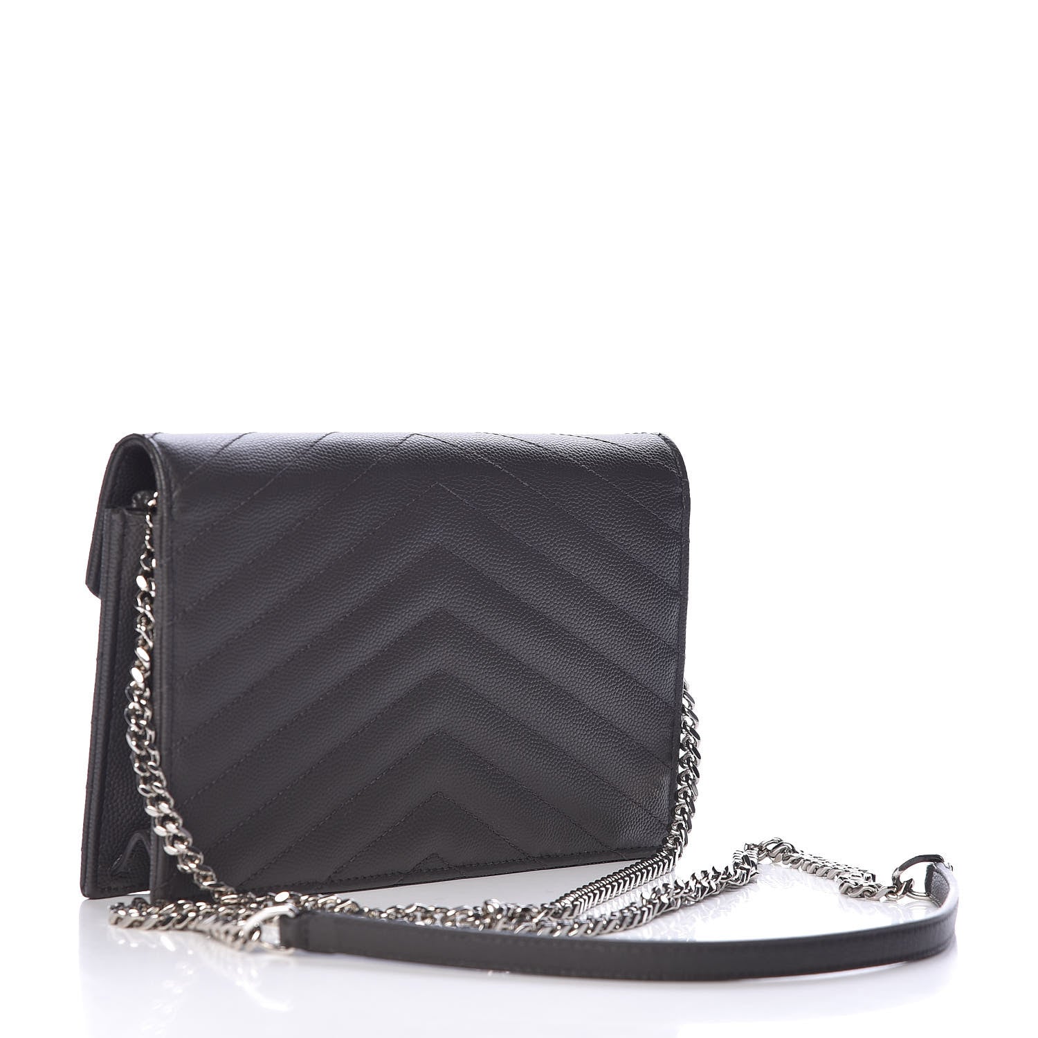 Saint Laurent Grain De Poudre Matelasse Chevron Monogram Envelope Chain Wallet Coal 3 of 11