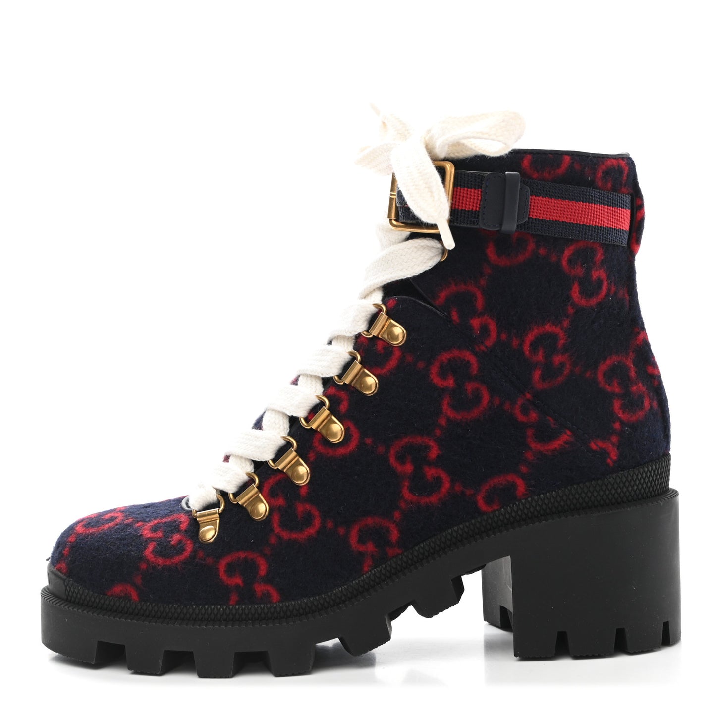 Covered Wool Big GG Monogram Womens Lace Up Combat Ankle Boots 36 Blue Red