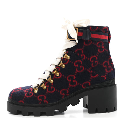 Gucci Covered Wool Big GG Monogram Womens Lace Up Combat Ankle Boots 36 Blue Red 1 of 9