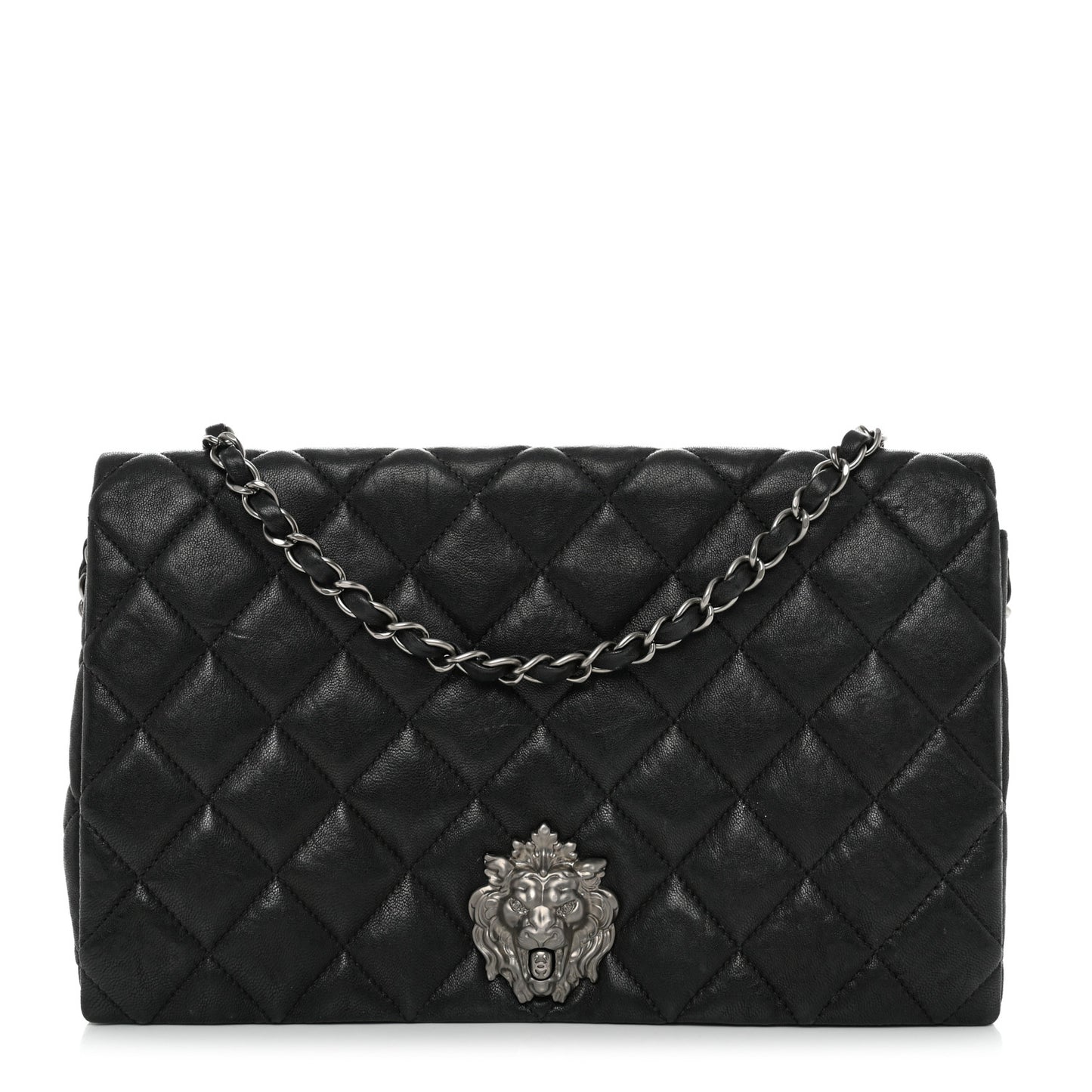 Lambskin Quilted Medium Leo Lion Flap Clutch Black