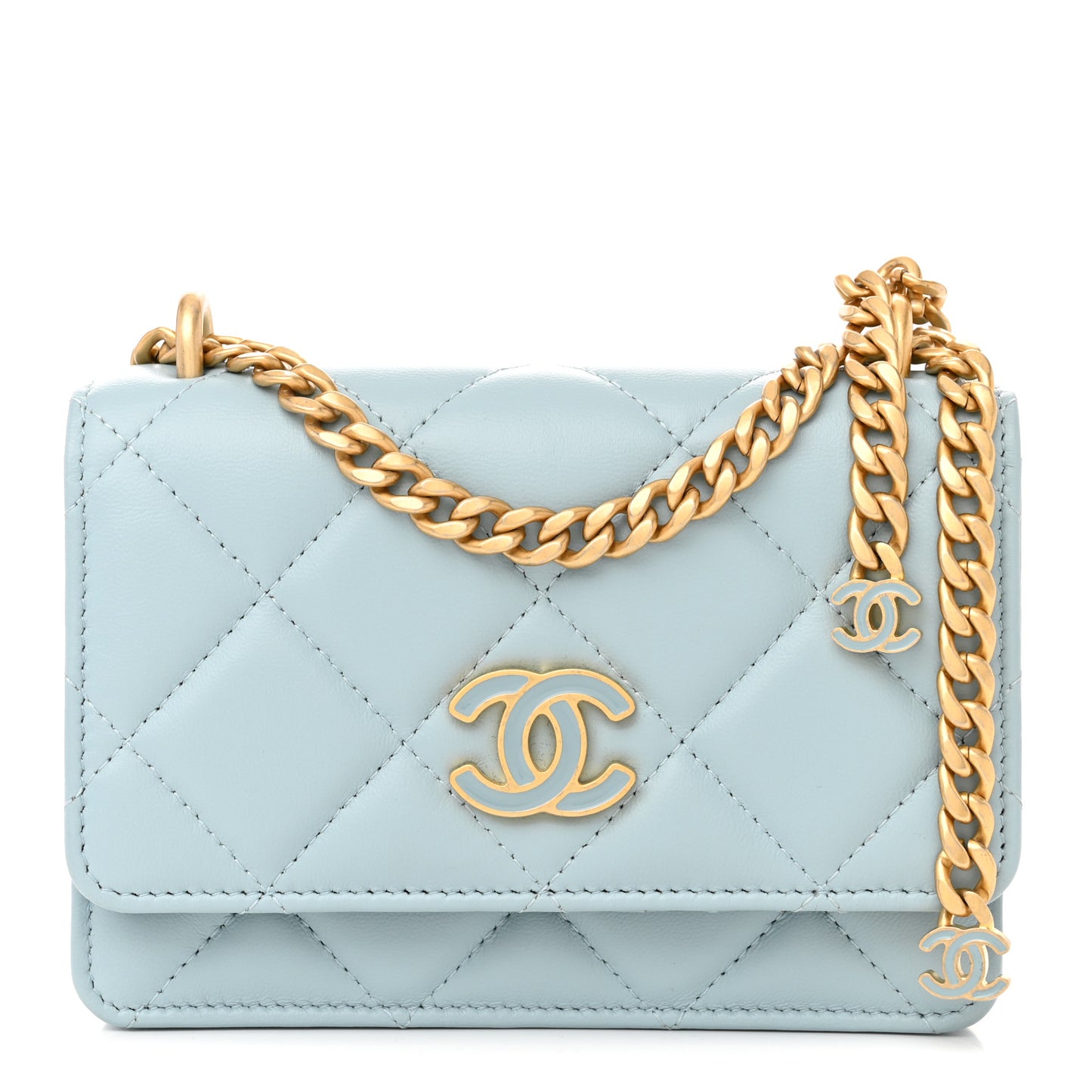 Lambskin Enamel Quilted Pending CC Clutch With Chain Light Blue