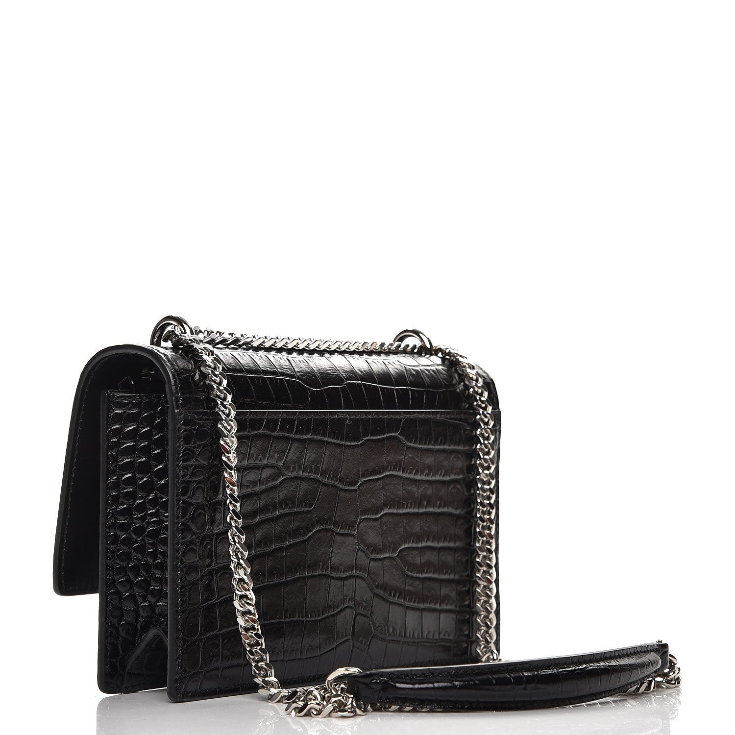 Saint Laurent Calfskin Crocodile Embossed Monogram Sunset Chain Wallet Black 3 of 6