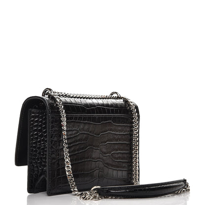Saint Laurent Calfskin Crocodile Embossed Monogram Sunset Chain Wallet Black 3 of 6