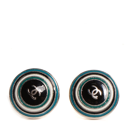 Chanel Enamel Button CC Earrings Turquoise Black 1 of 5