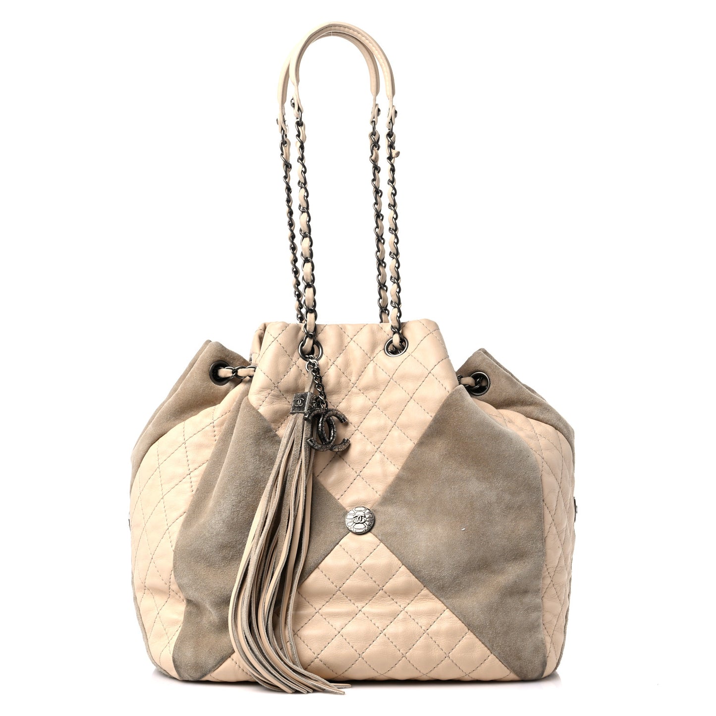 Calfskin Suede Quilted Patchwork Drawstring Bag Beige