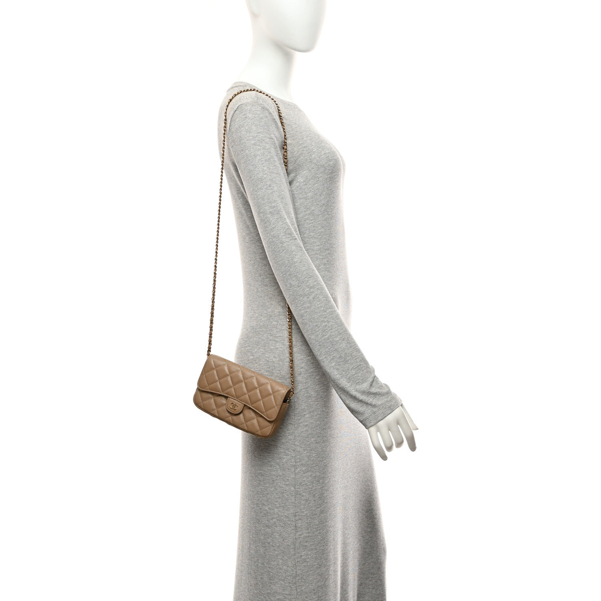 Caviar Quilted Flap Phone Holder With Chain Beige
