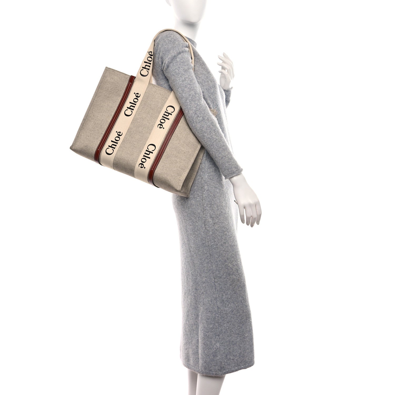 Chloe Cotton Calfskin Large Woody Ribbon Tote White Brown 3 of 9