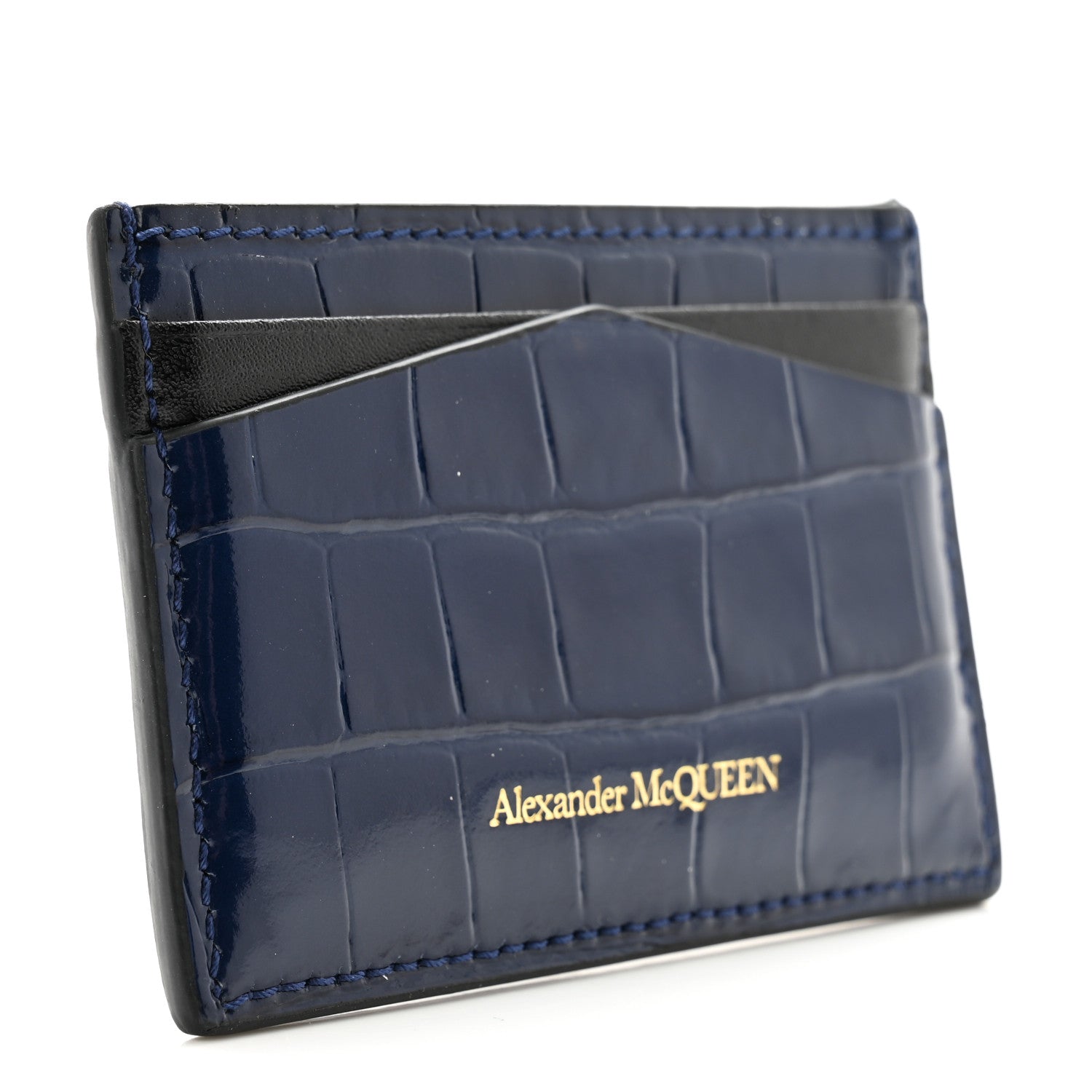 Alexander McQueen Patent Crocodile Embossed Skull Card Holder Navy 3 of 8