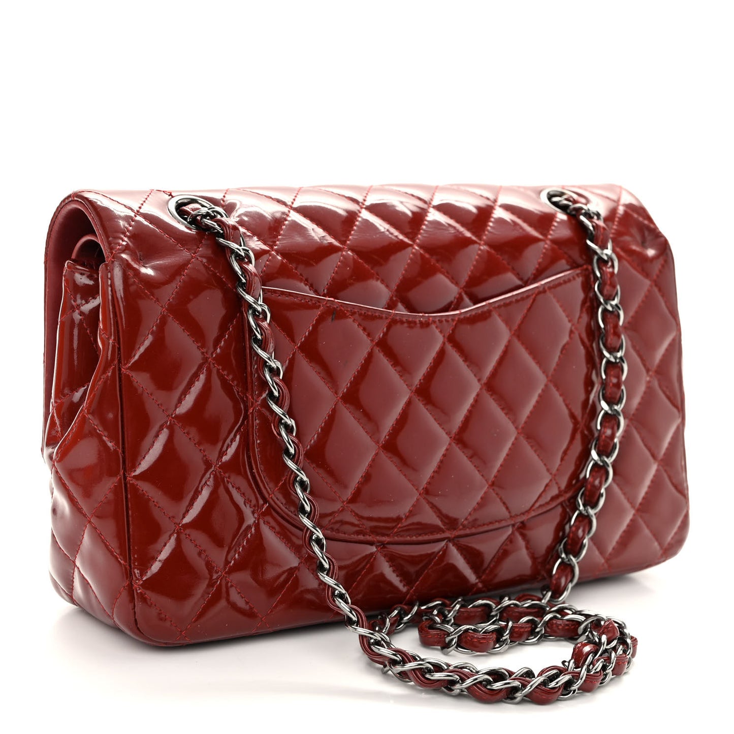Patent Calfskin Quilted Medium Double Flap Dark Red