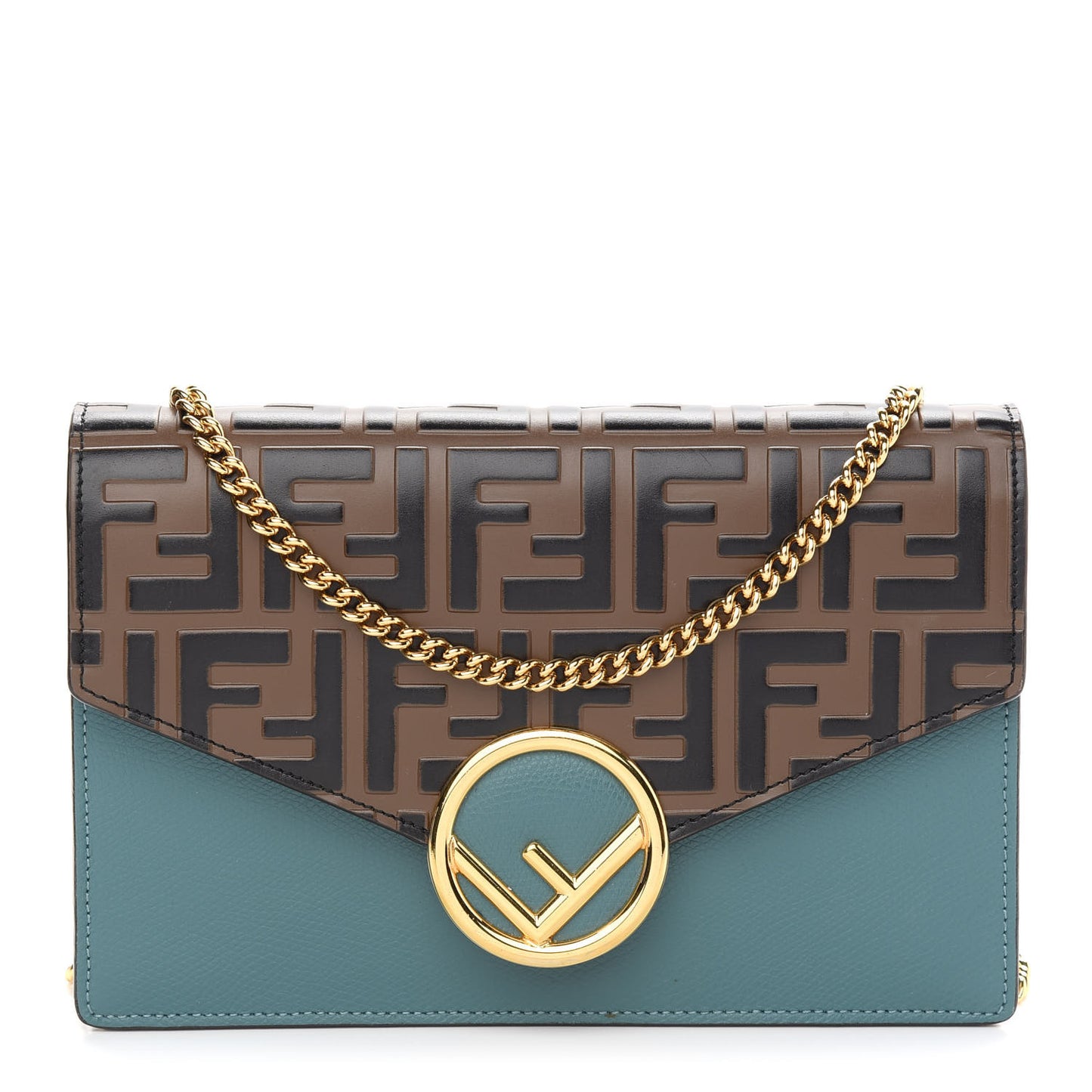 Vitello Cruise F is Fendi Bi-Color FF 1974 Embossed Medium Envelope Wallet On Chain Maya Black Azzurro Merlino