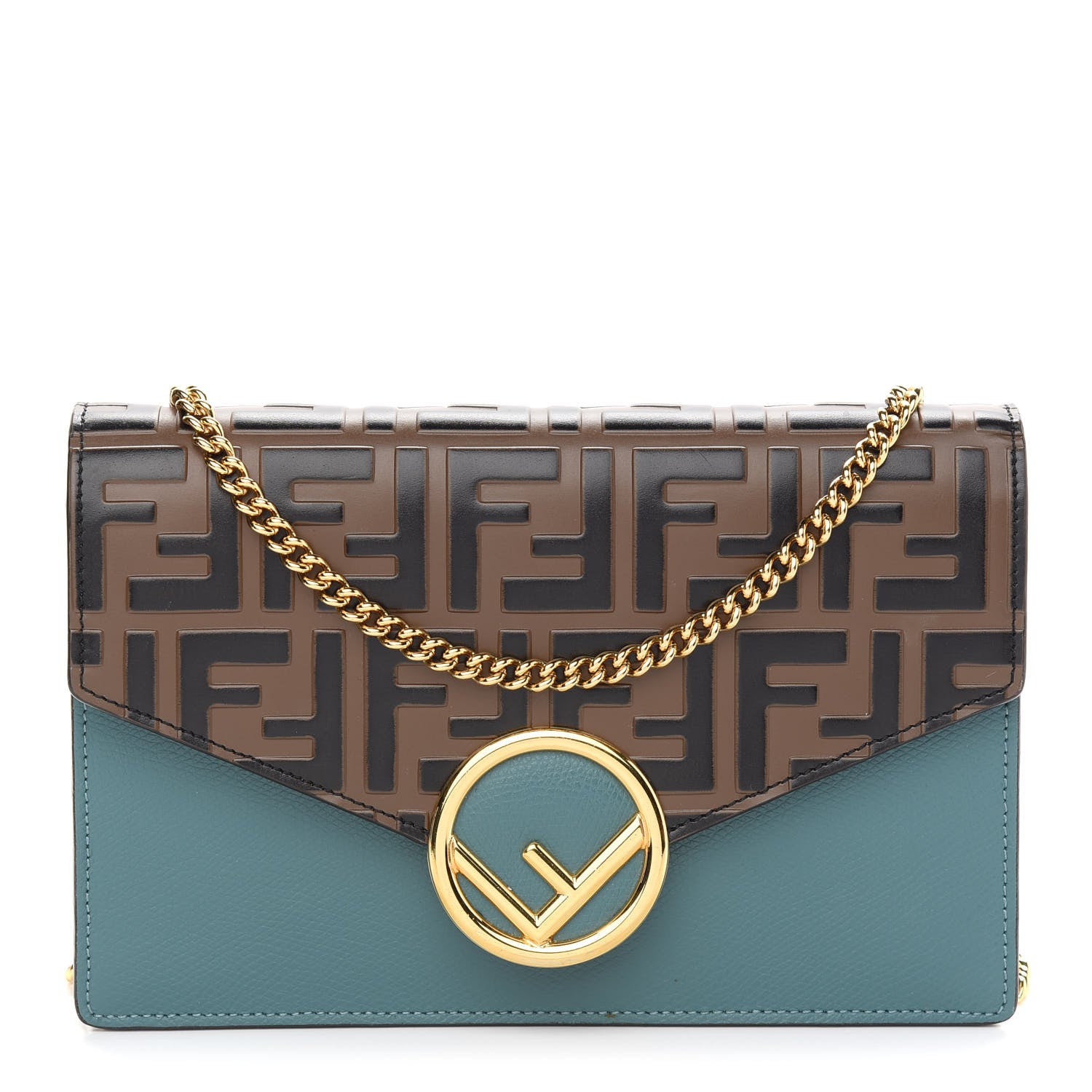 Fendi Vitello Cruise F is Fendi Bi-Color FF 1974 Embossed Medium Envelope Wallet On Chain Maya Black Azzurro Merlino 1 of 9