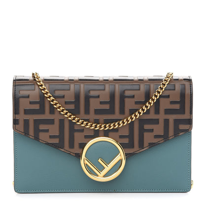 Fendi Vitello Cruise F is Fendi Bi-Color FF 1974 Embossed Medium Envelope Wallet On Chain Maya Black Azzurro Merlino 1 of 9