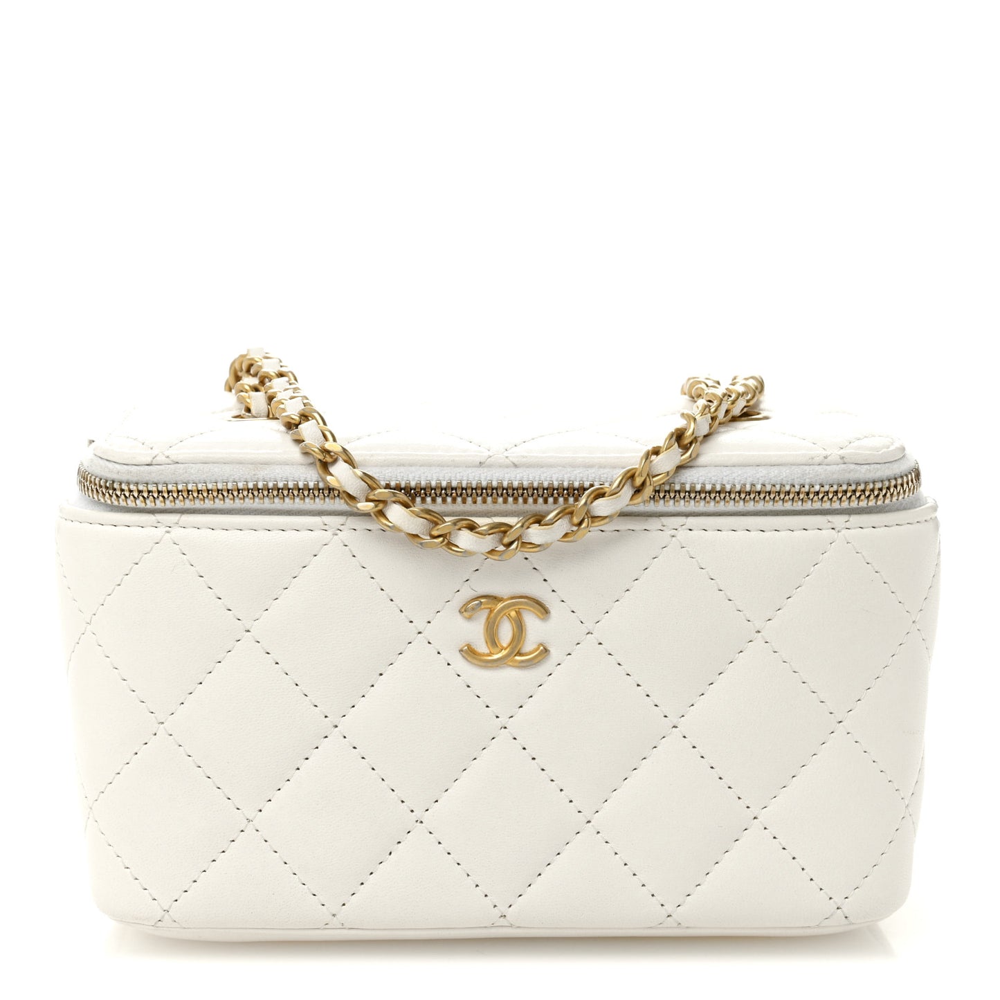 Lambskin Quilted Pearl Crush Small Vanity Case With Chain White