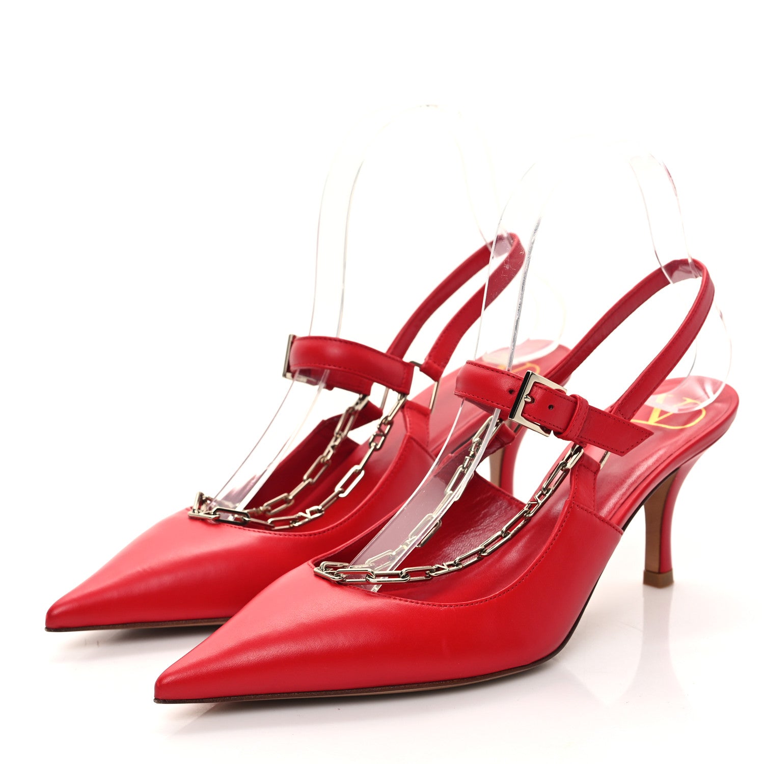 Valentino Garavani Smooth Calfskin Chain Slingback Pumps 36.5 Red 3 of 10