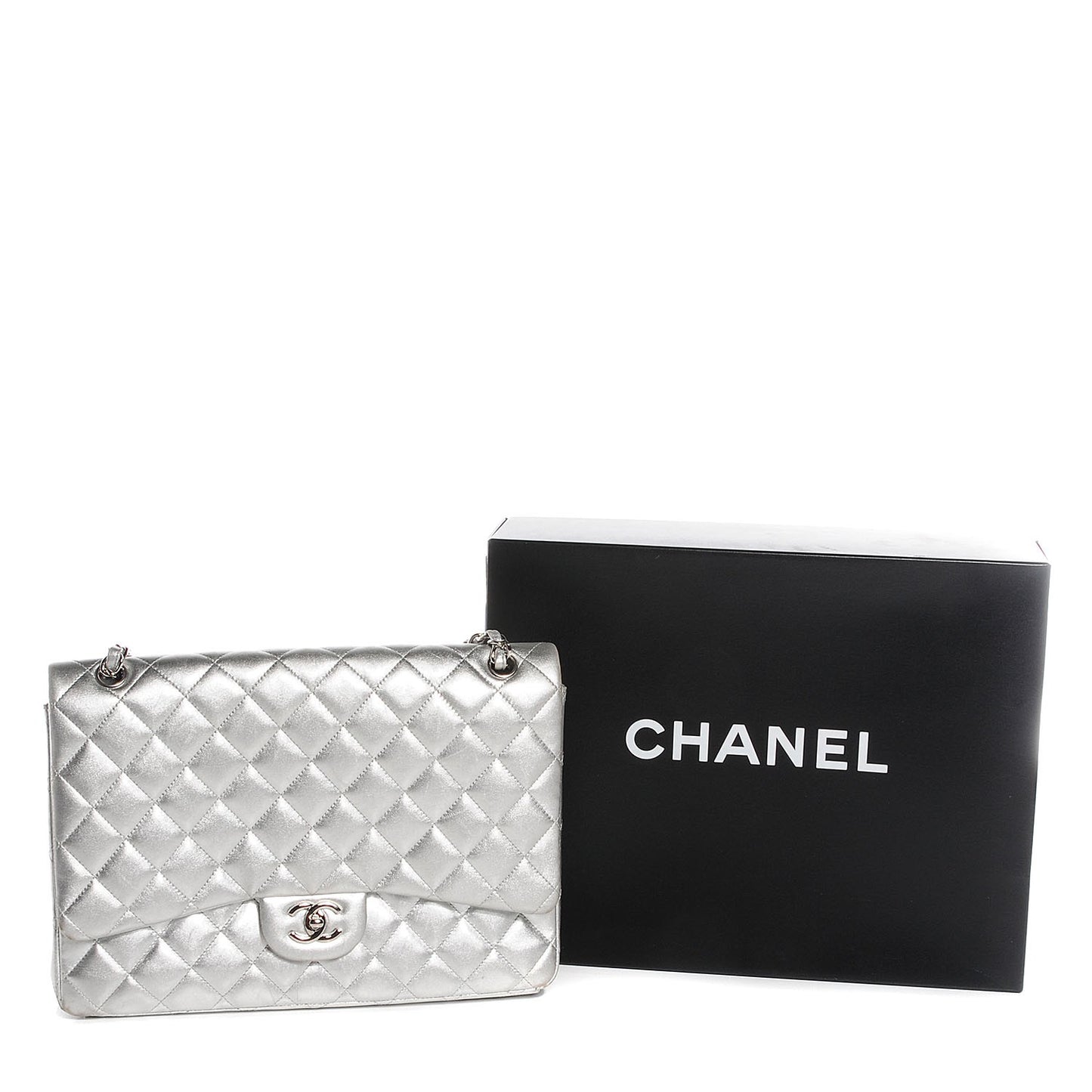 Metallic Lambskin Quilted Maxi Single Flap Silver