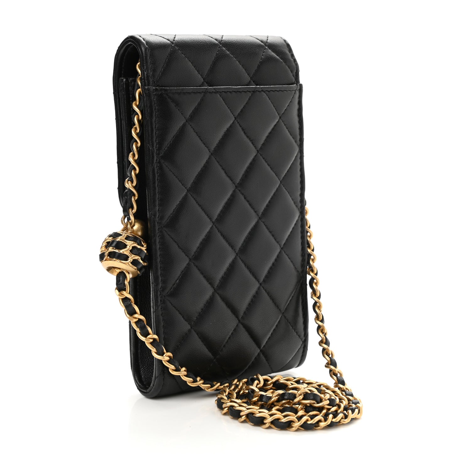 Lambskin Quilted Pearl Crush Phone Holder With Chain Black