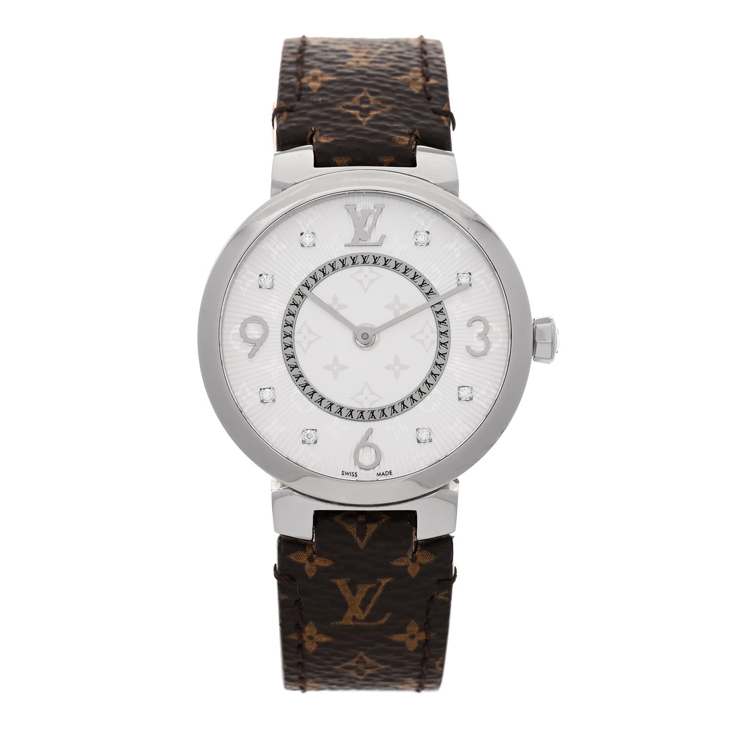 Louis Vuitton Stainless Steel Monogram Diamond 33mm Tambour Slim Quartz Watch 1 of 9