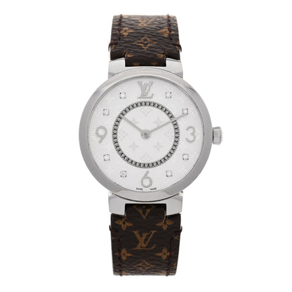 Louis Vuitton Stainless Steel Monogram Diamond 33mm Tambour Slim Quartz Watch 1 of 9