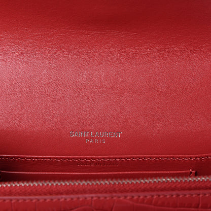 Saint Laurent Calfskin Crocodile Embossed Monogram Sunset Chain Wallet New Lipstick Red 7 of 8