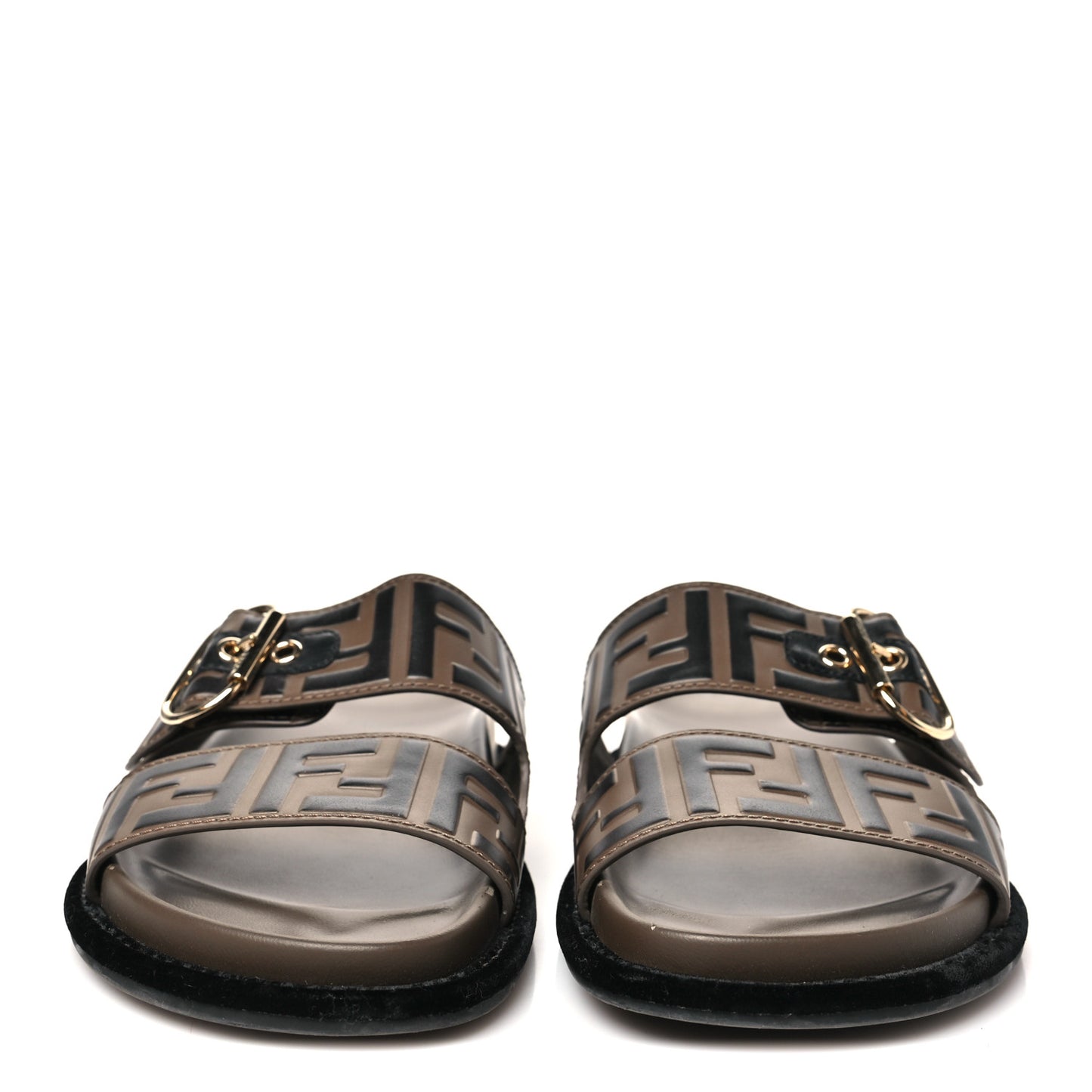 Calfskin FF Embossed Pearland Slide Sandals 38.5 Tobacco Moro