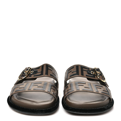 Fendi Calfskin FF Embossed Pearland Slide Sandals 38.5 Tobacco Moro 3 of 8