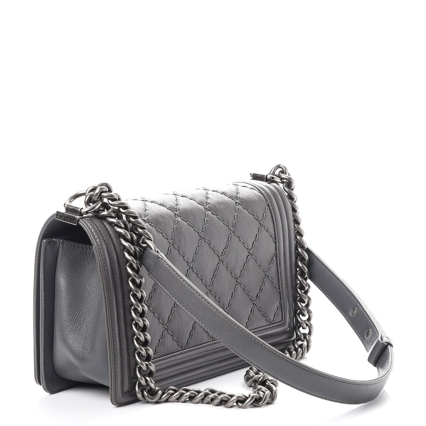 Calfskin Double Stitch Medium Boy Flap Grey