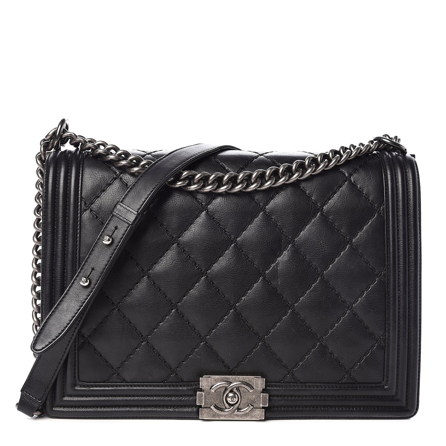 Calfskin Double Stitch Large Boy Flap Black