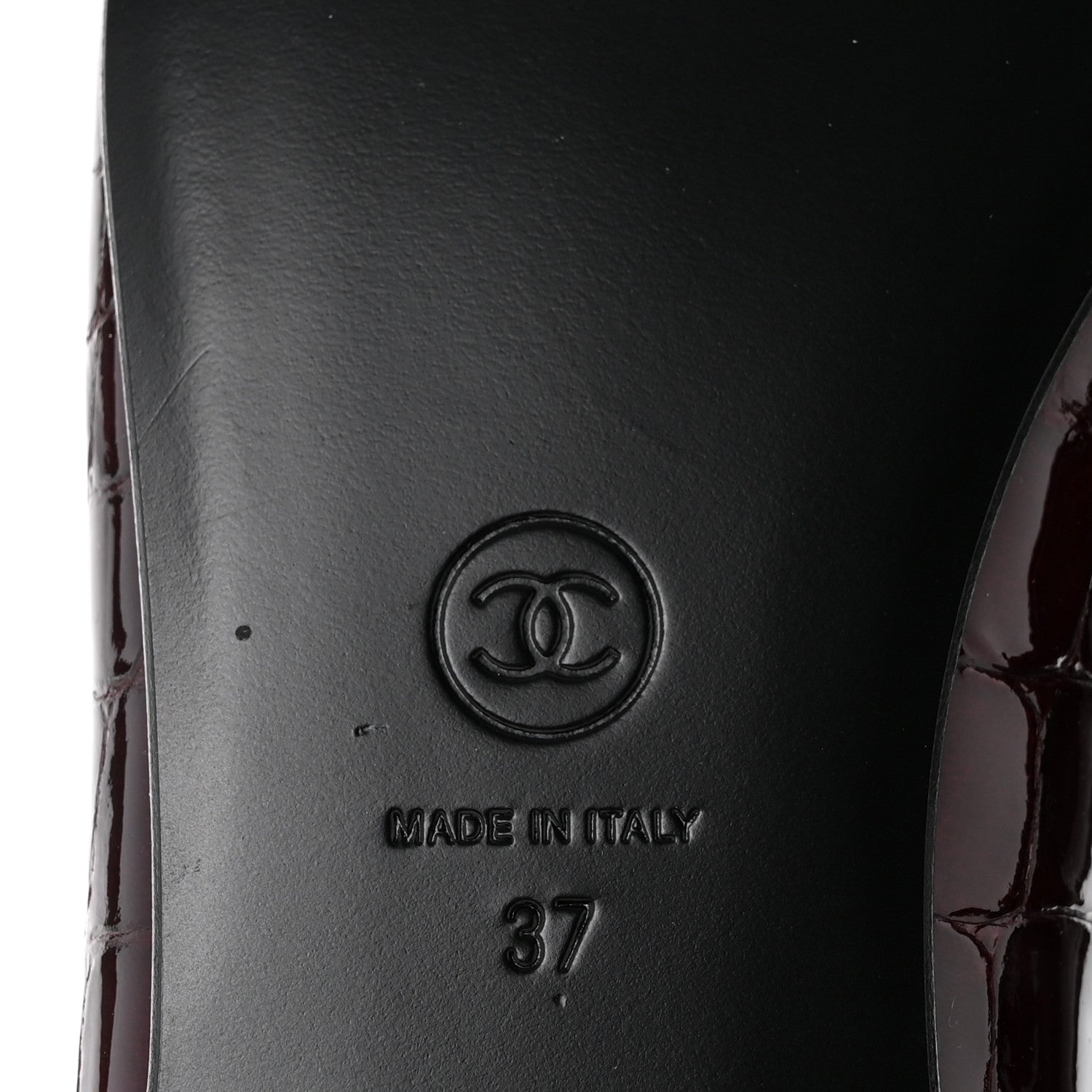 Chanel Patent Calfskin Crocodile Embossed Cap Toe CC Ballerina Flats 37 Dark Burgundy Black 7 of 10