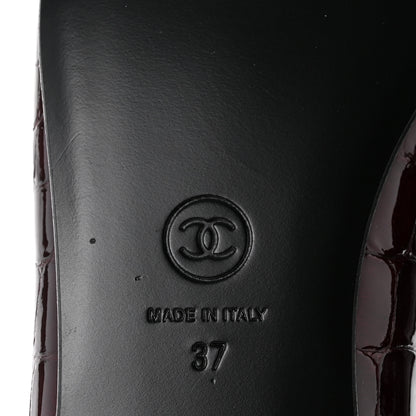 Chanel Patent Calfskin Crocodile Embossed Cap Toe CC Ballerina Flats 37 Dark Burgundy Black 7 of 10