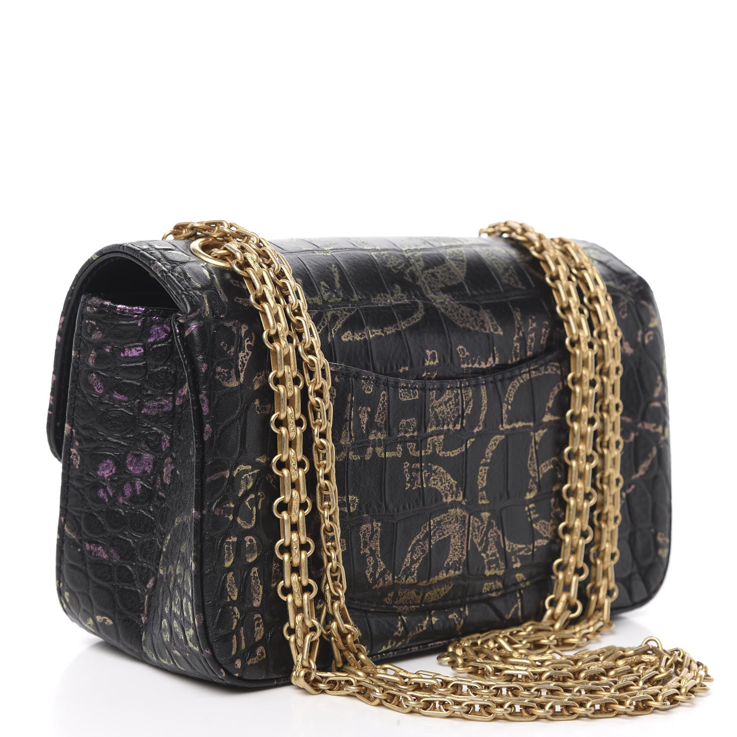Chanel Calfskin Crocodile Embossed Graffiti 2.55 Mini Cocodile Reissue Flap Black Pink 3 of 12