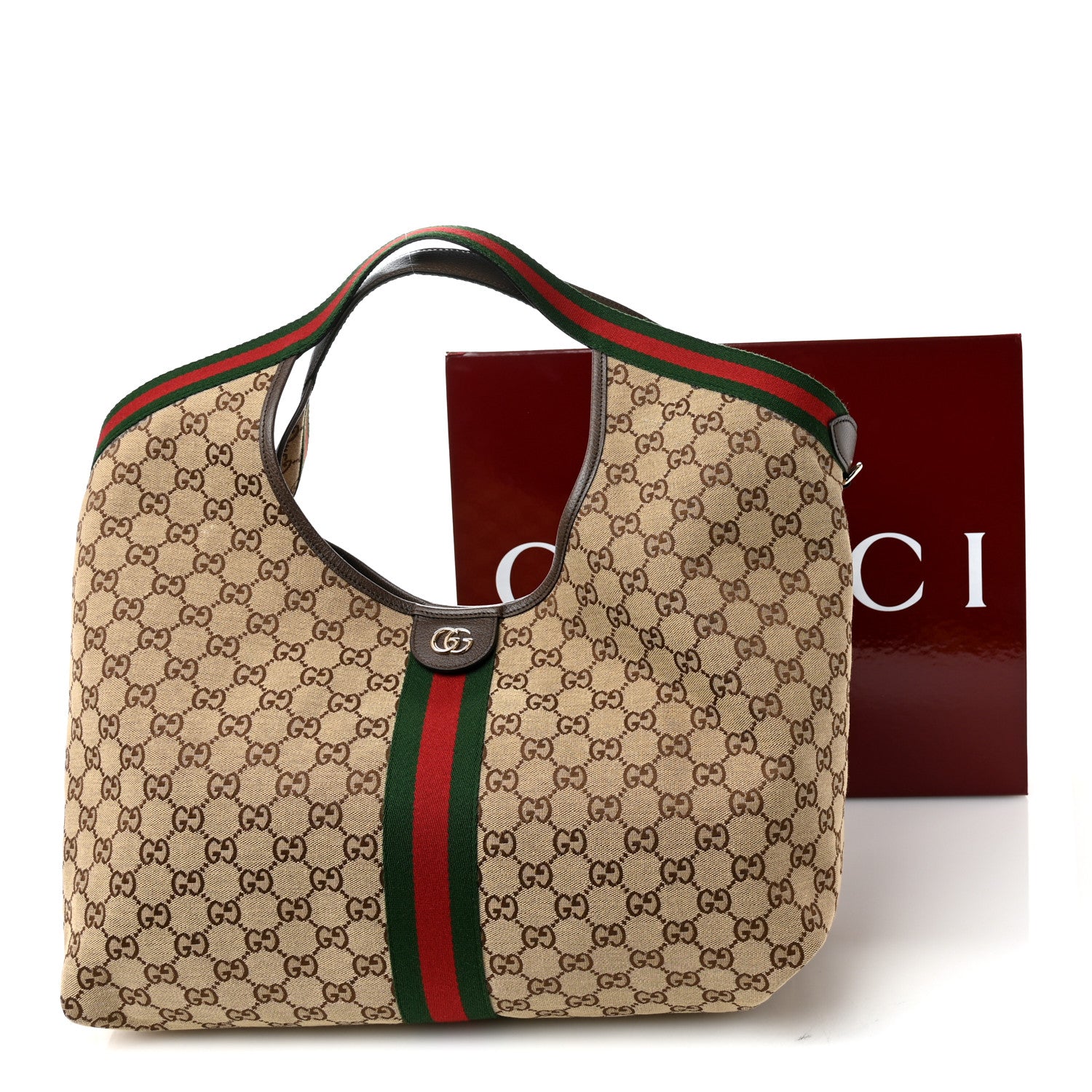 Gucci GG Monogram Web Large Giglio Tote Bag Beige Dark Brown