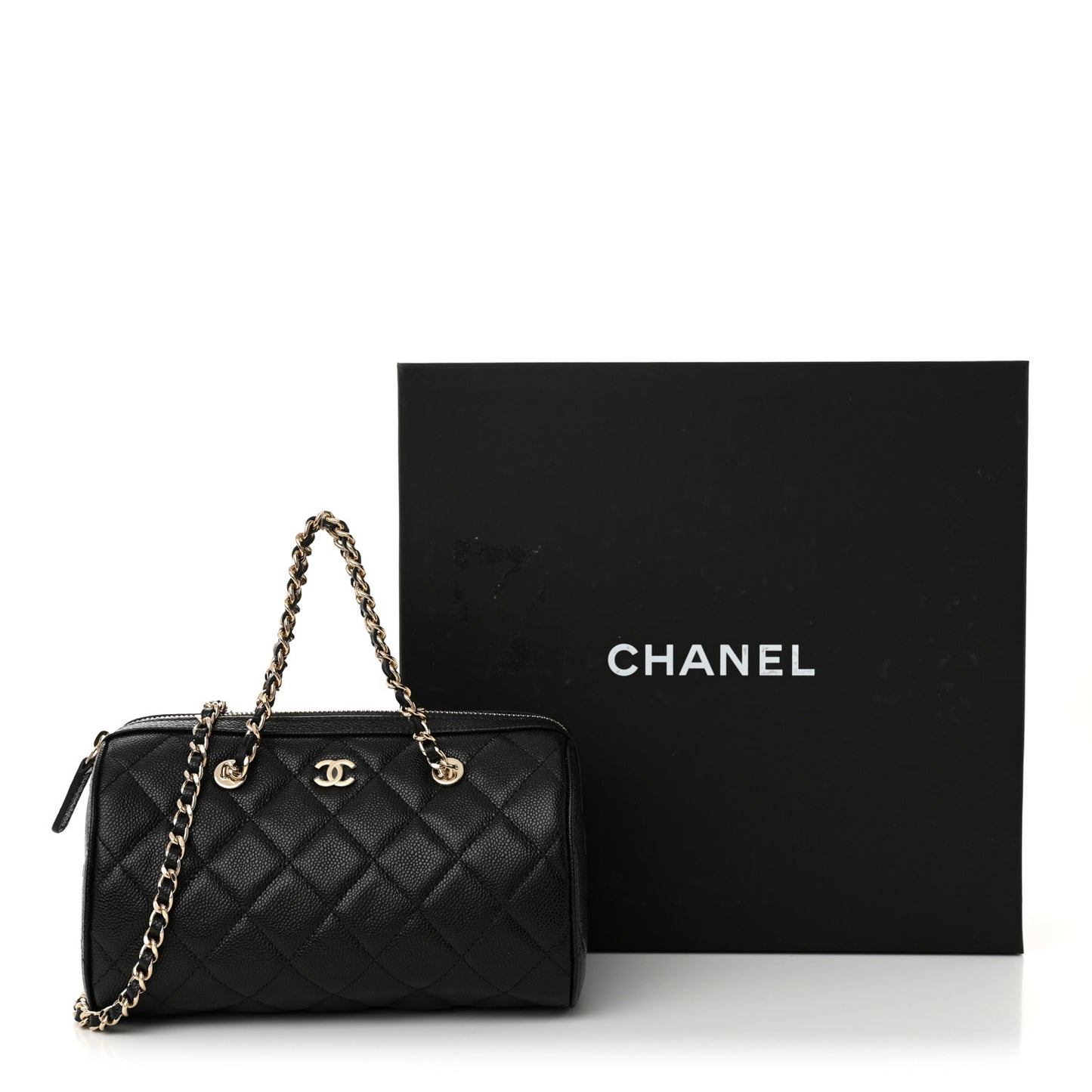 Caviar Quilted Barrel Clutch With Chain Black