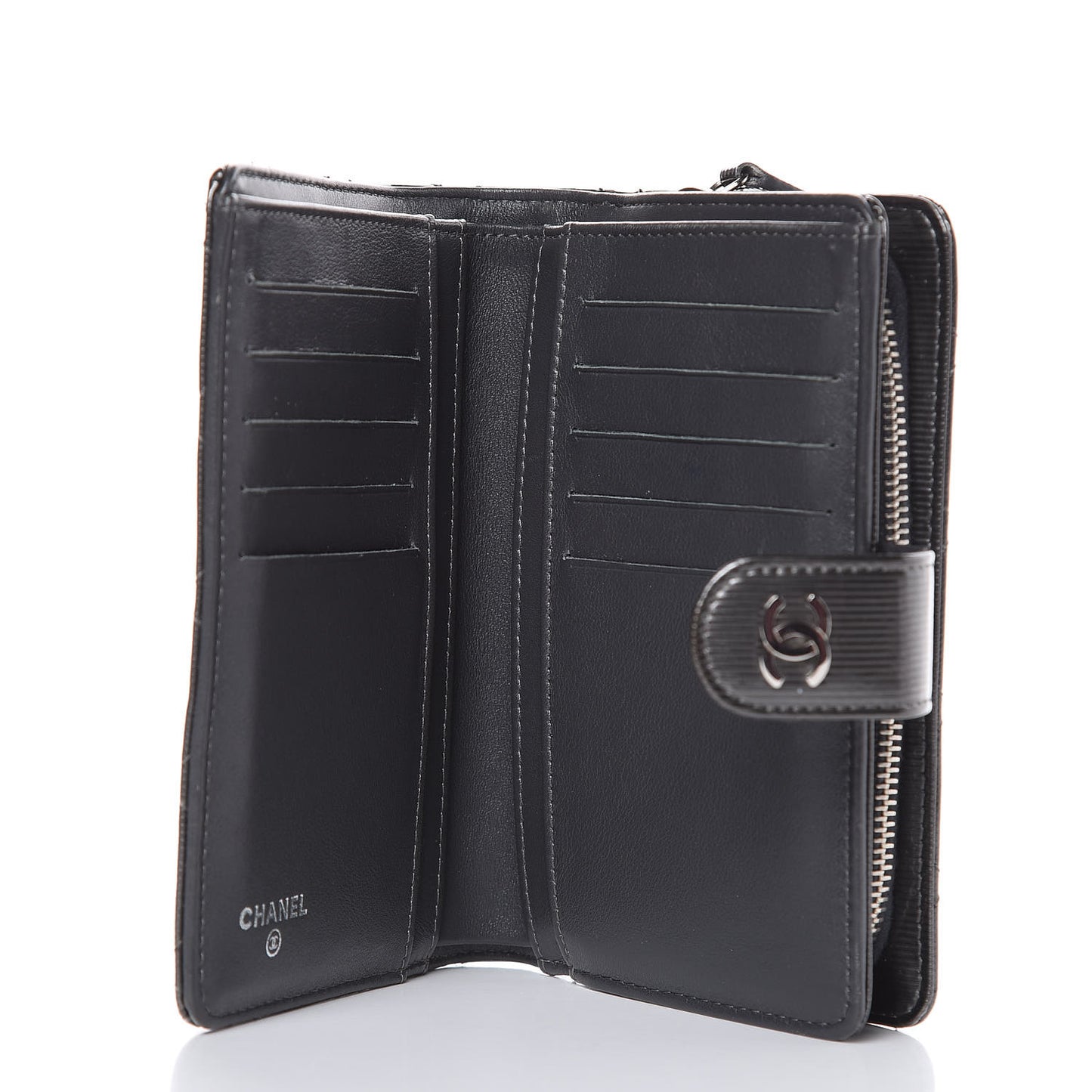Striated Patent Quilted Zipped Pocket Wallet Dark Grey