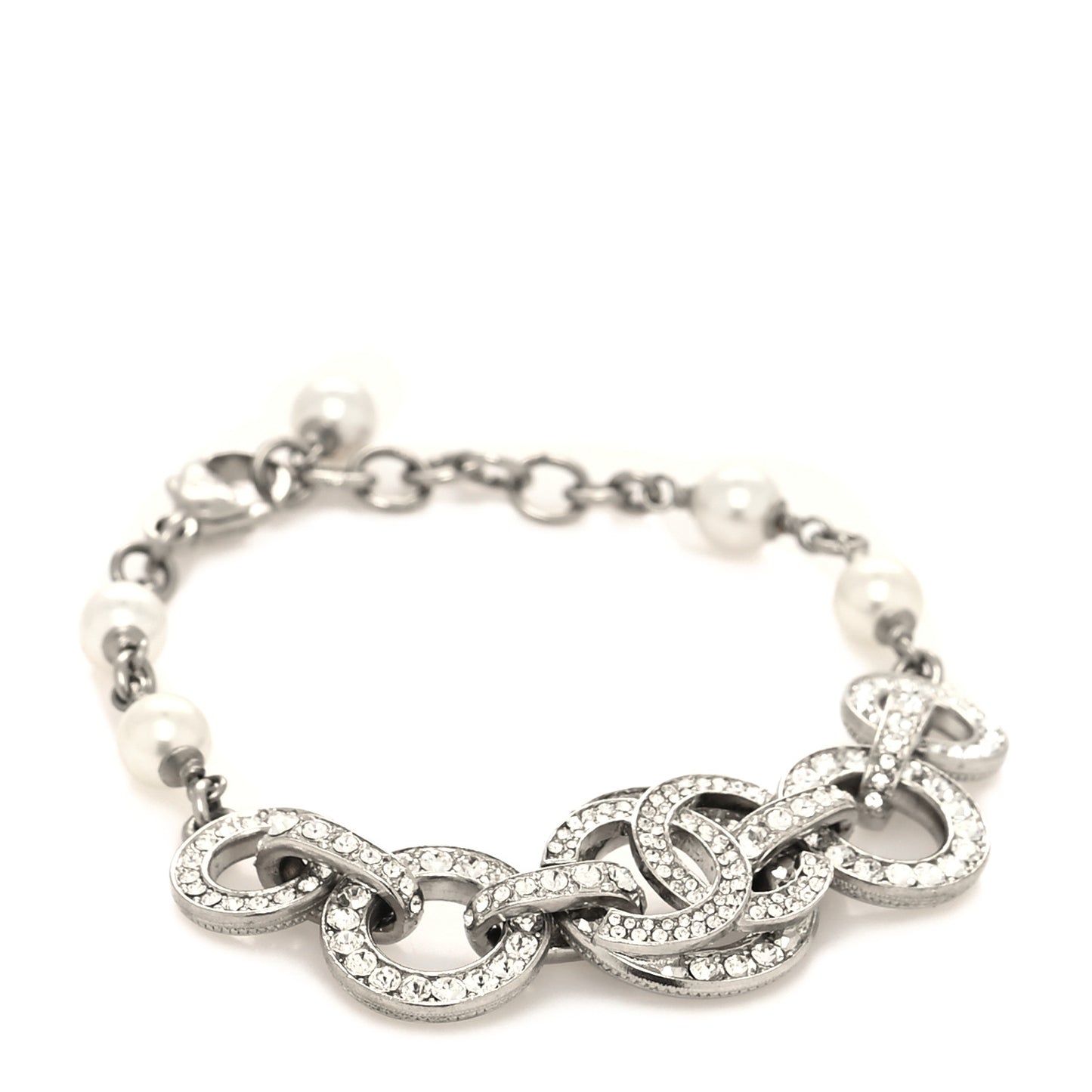 Crystal Pearl CC Bracelet Silver