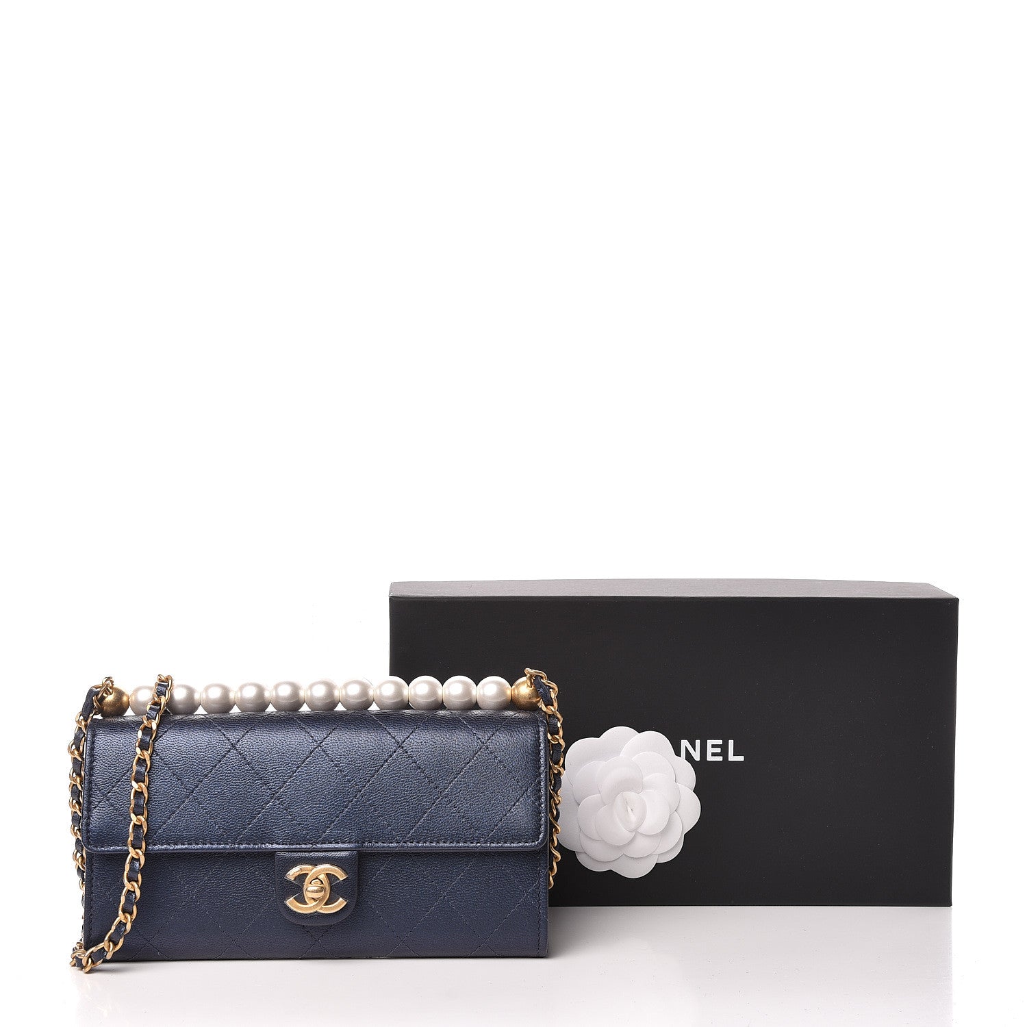 Chanel Iridescent Lambskin Quilted Chic Pearls Clutch With Chain Blue 12 of 12