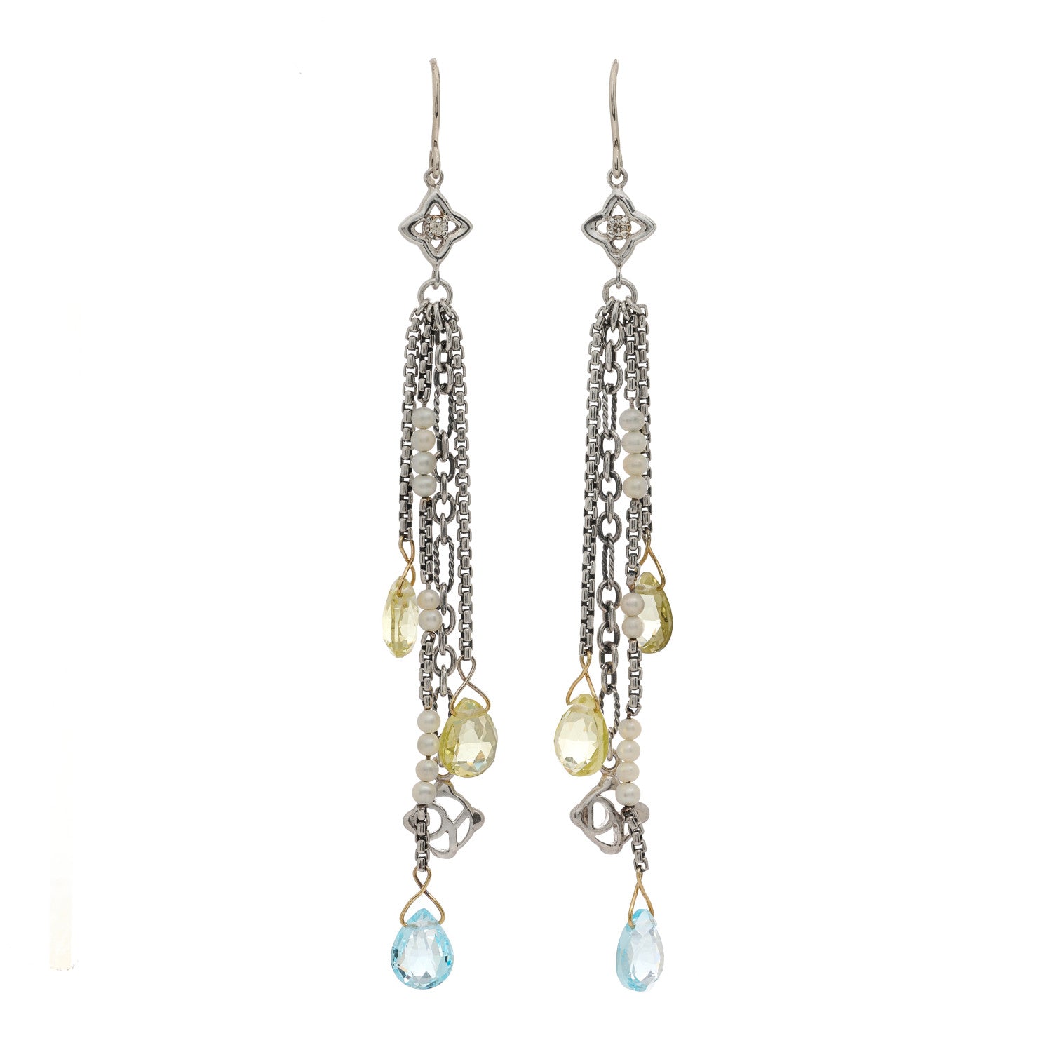 David Yurman Sterling Silver 18K Yellow Gold Diamond Blue Topaz Citrine Pearl Quatrefoil Drop Earrings 1 of 4