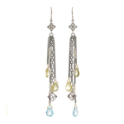 David Yurman Sterling Silver 18K Yellow Gold Diamond Blue Topaz Citrine Pearl Quatrefoil Drop Earrings 1 of 4