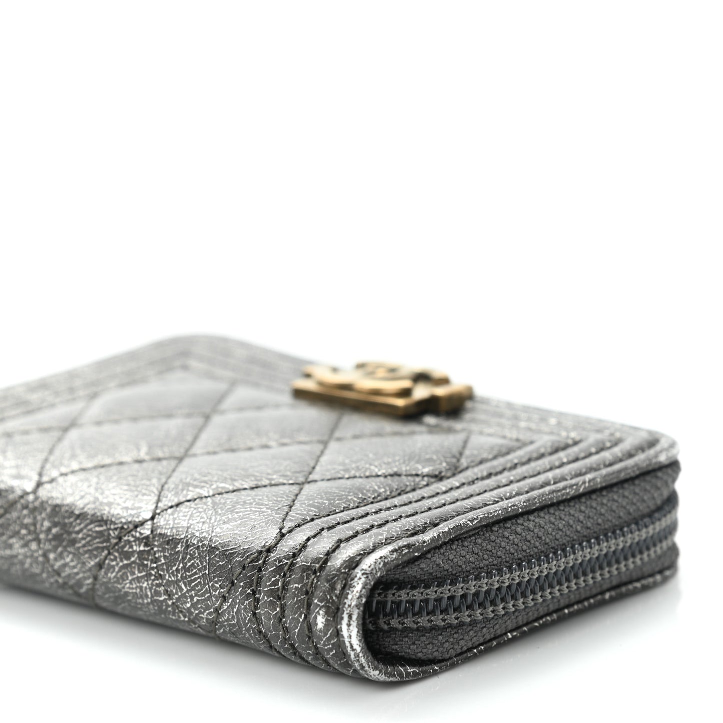 Cracked Metallic Calfskin Quilted Boy Zip Around Coin Purse Wallet Dark Silver
