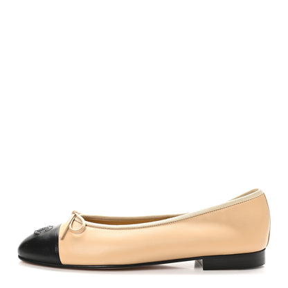 Chanel Lambskin Cap Toe CC Ballerina Flats 38.5 Beige Black 1 of 9