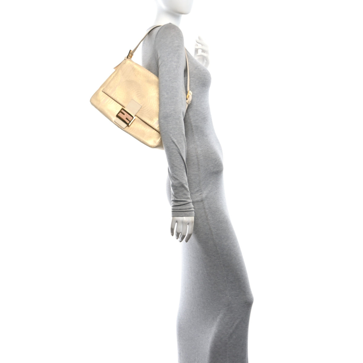 Fendi Goatskin Geometric Printed Enamel Big Forever Mama Baguette White Gold 2 of 10