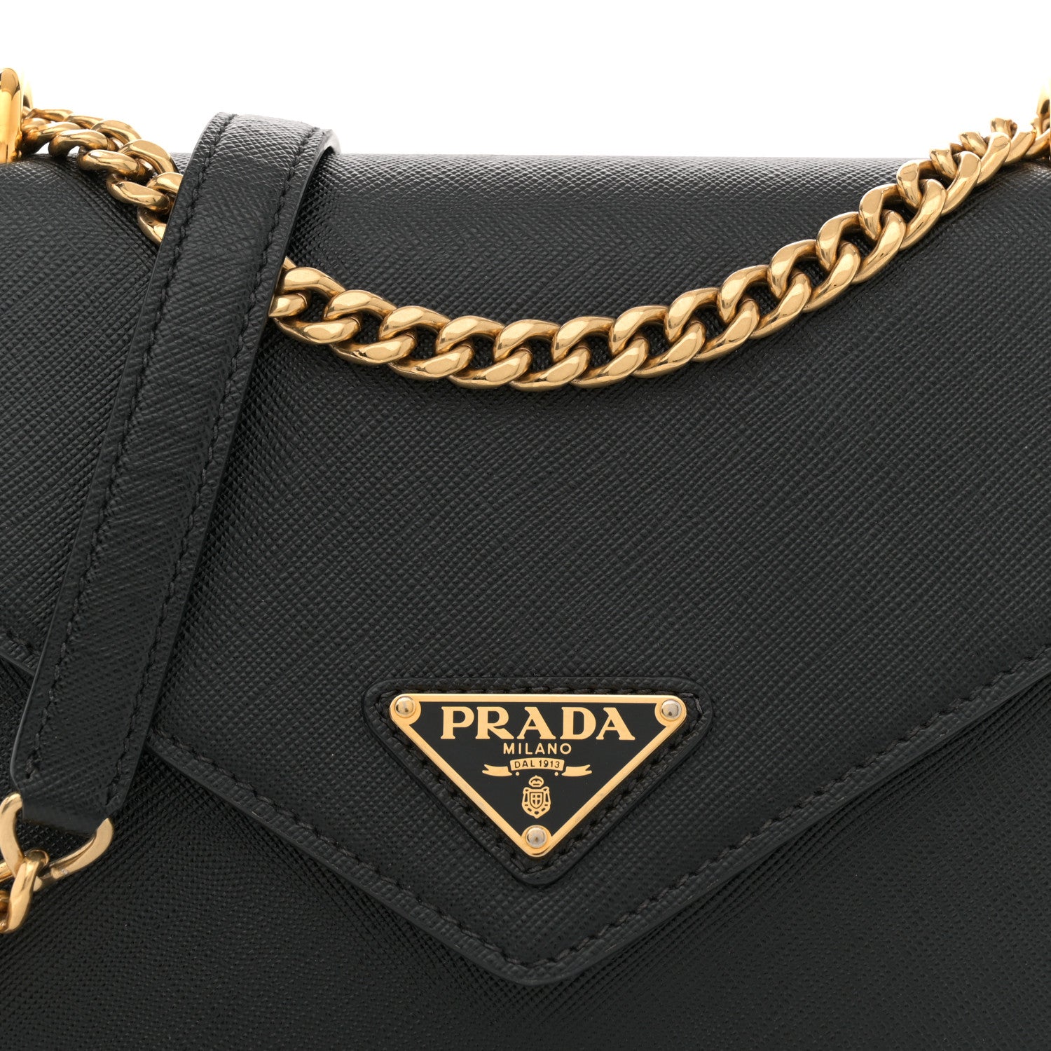 Prada Saffiano Soft Calfskin Metal Triangle Logo Envelope Chain Shoulder Bag Black 8 of 11