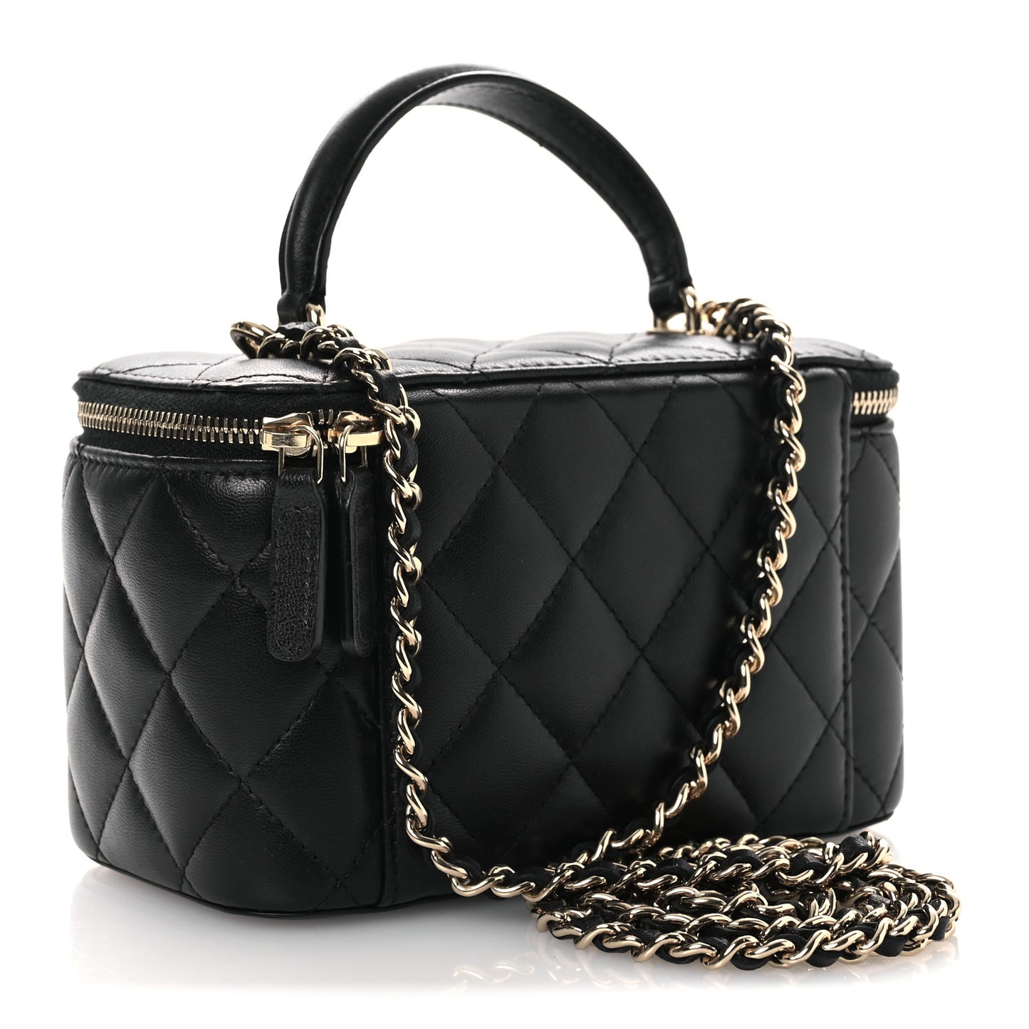 Lambskin Quilted Small Top Handle Vanity Case With Chain Black