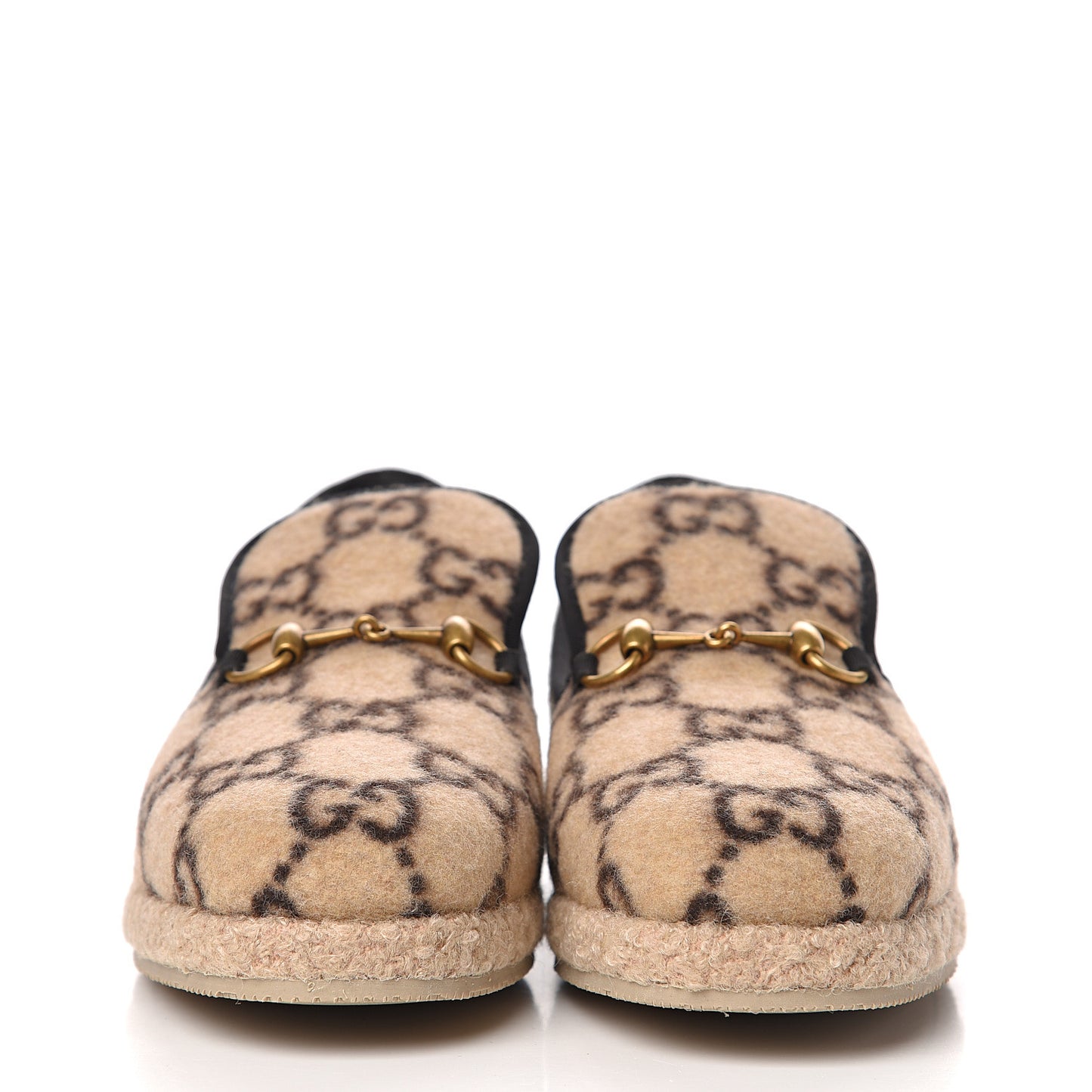 Covered Wool GG Monogram Womens Fria Horsebit Loafers 39.5 Beige Ebony Black Butterscotch