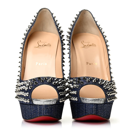 Christian Louboutin Denim Lame Lady Peep Spikes 150 Pumps 40 Blue 2 of 7