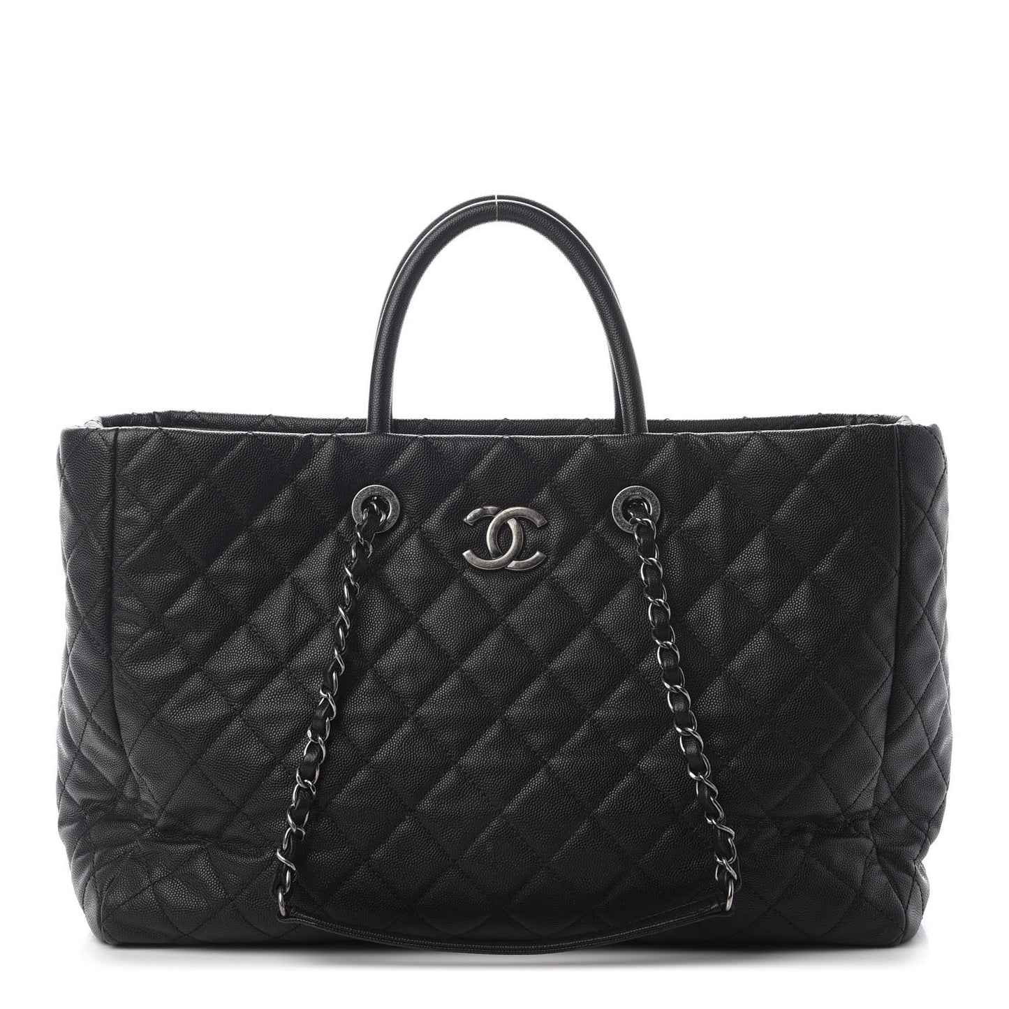 Caviar Quilted Large Coco Handle Shopping Tote Black