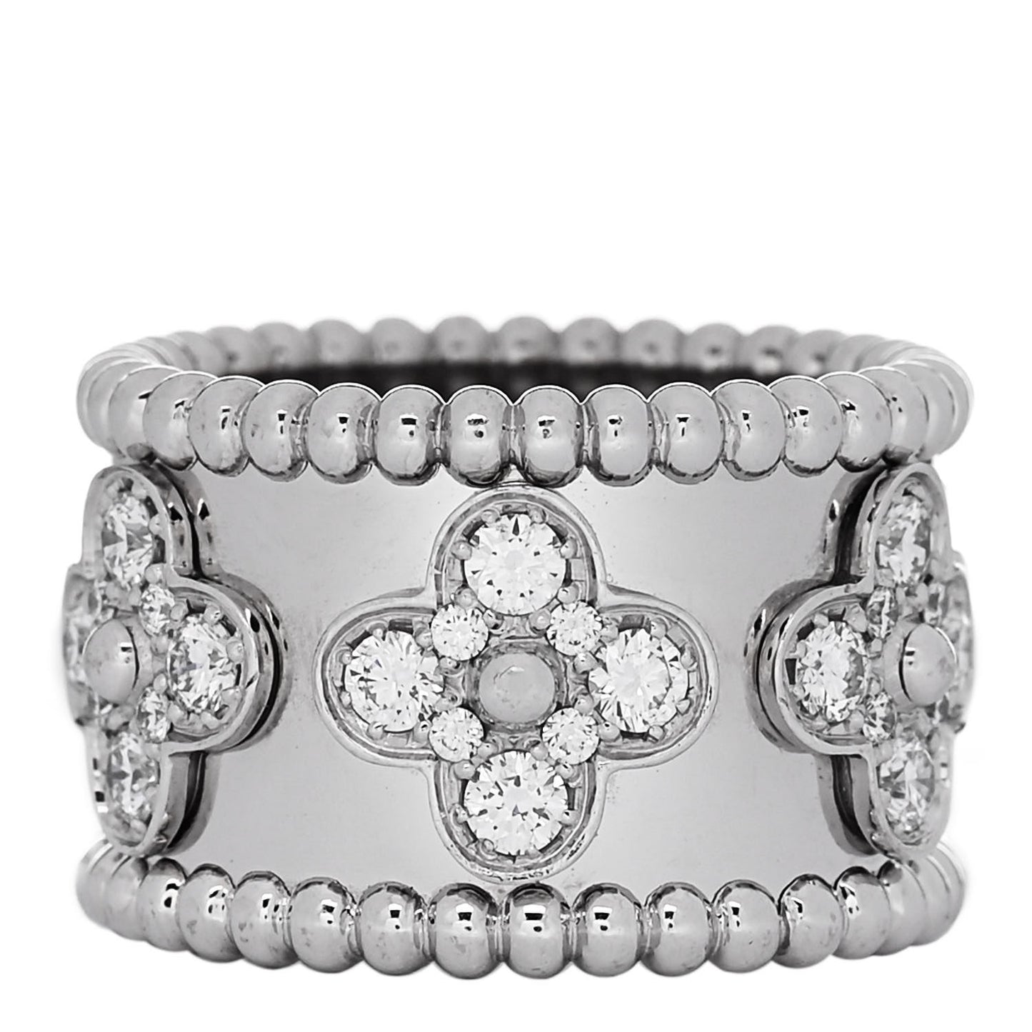 18K White Gold Diamond Medium Perlee Clover Band Ring 48 4.5