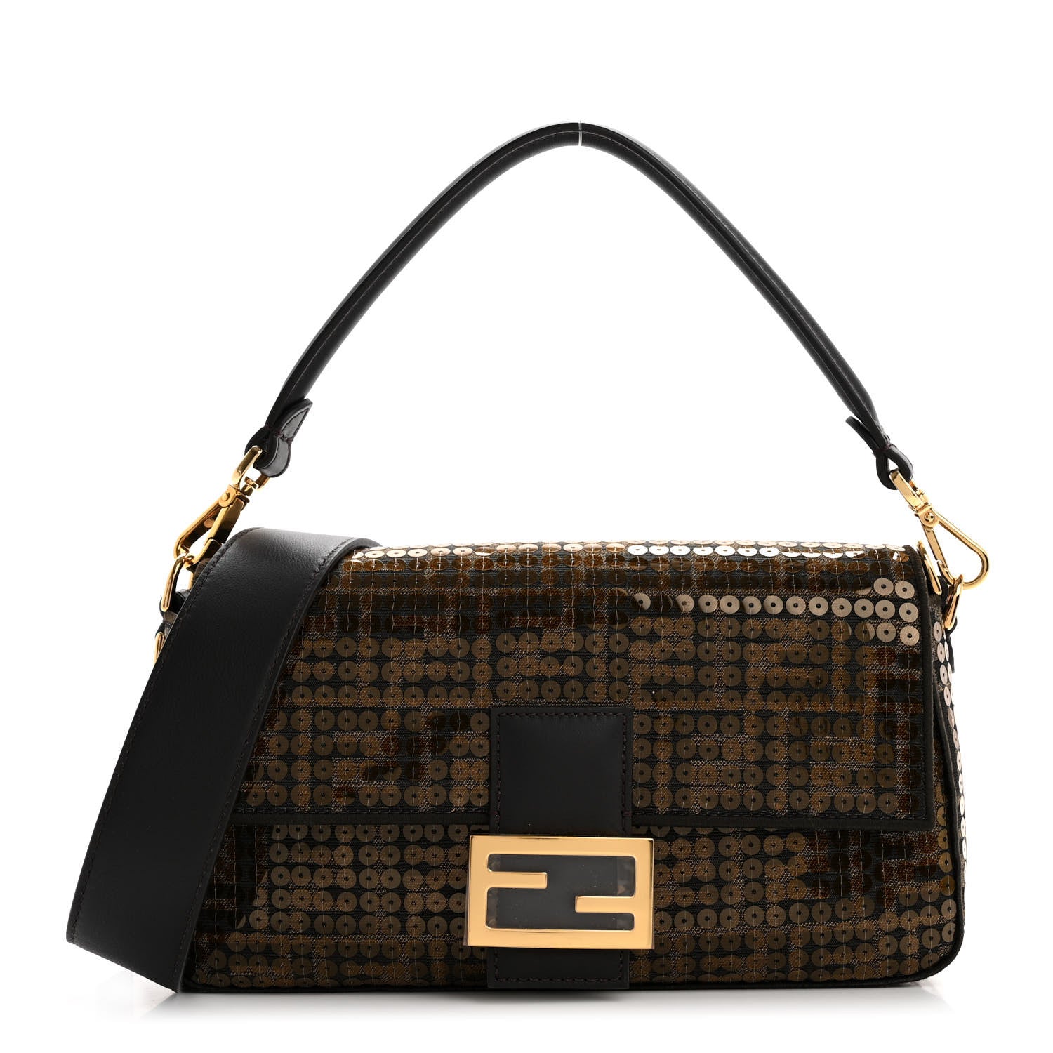 Fendi Fabric Jacquard Paillettes Vitello Seta FF Baguette Testa di Moro Real Ebano 1 of 11