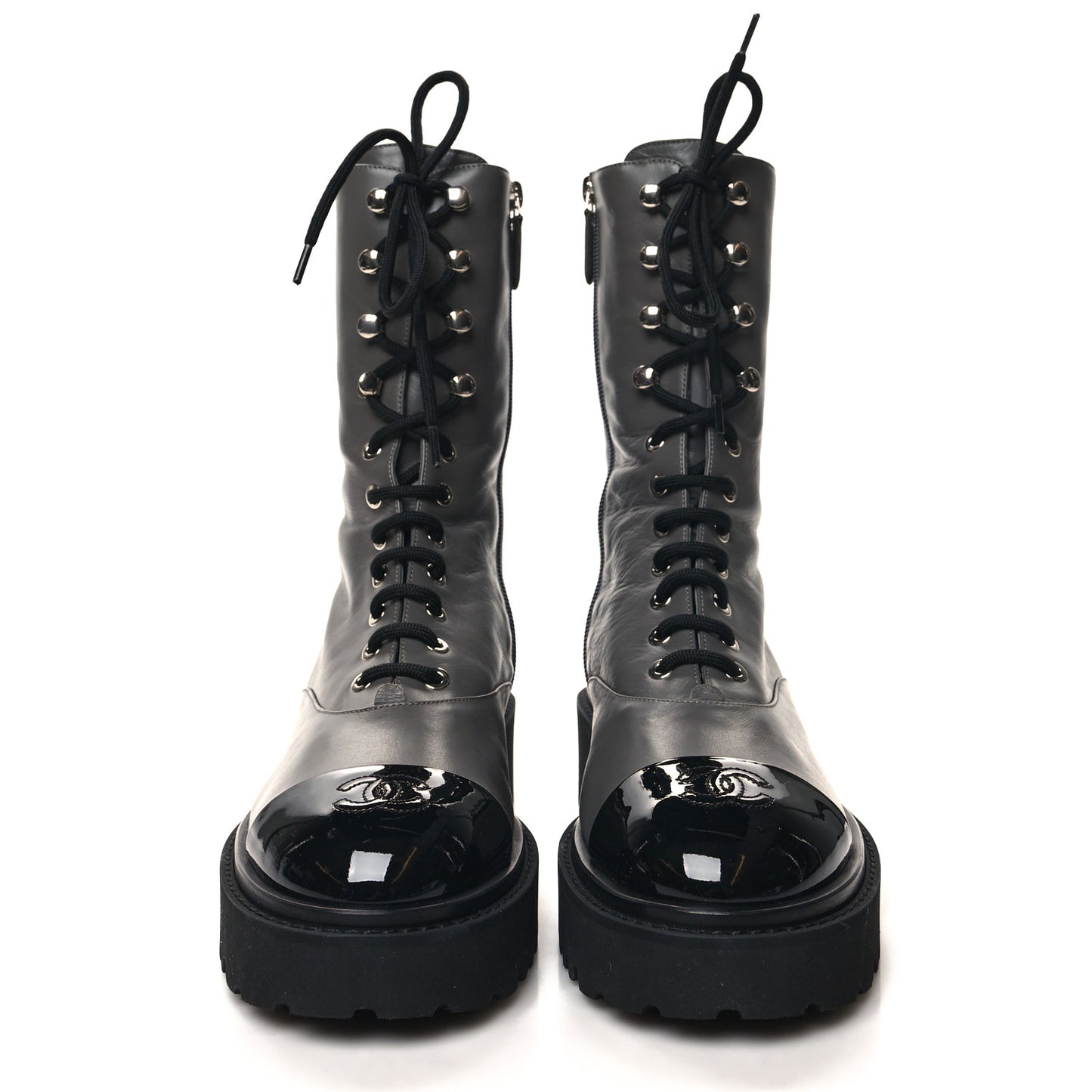 Crumpled Calfskin Patent Cap Toe Lace Up Combat Boots 40 Dark Grey Black
