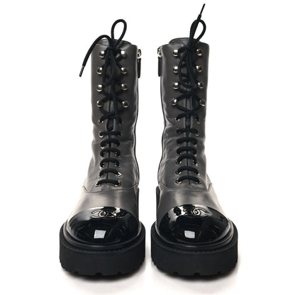 Chanel Crumpled Calfskin Patent Cap Toe Lace Up Combat Boots 40 Dark Grey Black 2 of 9